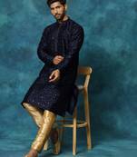 Men'S Navy Blue And Rose Gold Silk Blend Kurta Pyjama Set