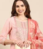 women's round neck geometric coral straight kurta and palazzos with dupatta