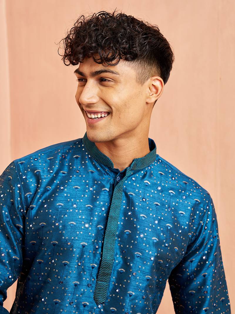 Navy Blue And Rose Gold Silk Blend Kurta Pyjama Set