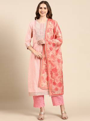 women's round neck geometric coral straight kurta and palazzos with dupatta 2