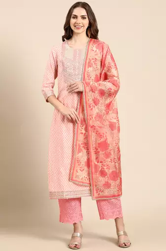 women's round neck geometric coral straight kurta and palazzos with dupatta