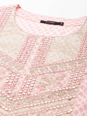 women's round neck geometric coral straight kurta and palazzos with dupatta 3