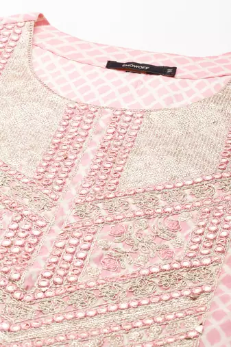 women's round neck geometric coral straight kurta and palazzos with dupatta