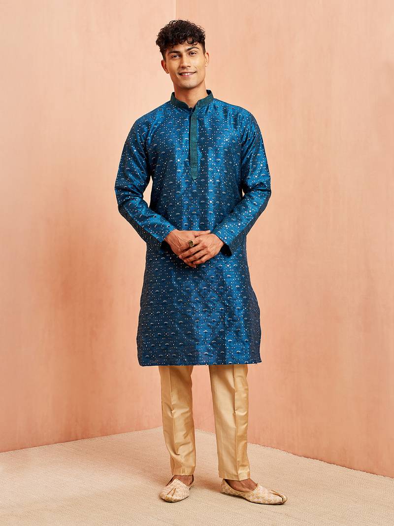 Navy Blue And Rose Gold Silk Blend Kurta Pyjama Set