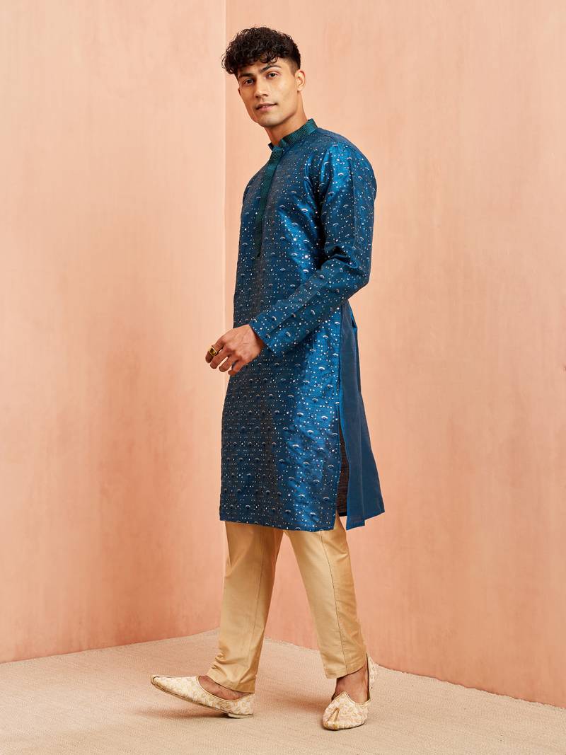 Navy Blue And Rose Gold Silk Blend Kurta Pyjama Set