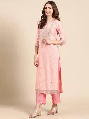 women's round neck geometric coral straight kurta and palazzos with dupatta 4