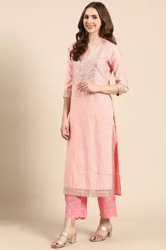 women's round neck geometric coral straight kurta and palazzos with dupatta