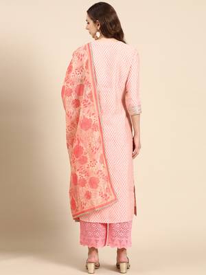 women's round neck geometric coral straight kurta and palazzos with dupatta 5