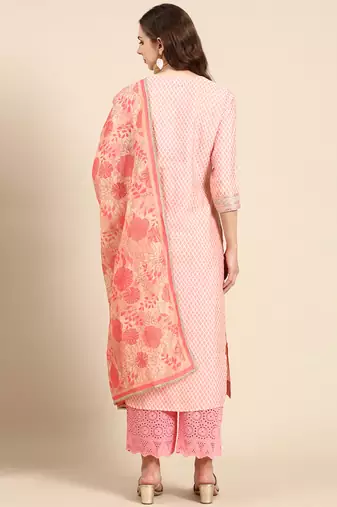 women's round neck geometric coral straight kurta and palazzos with dupatta
