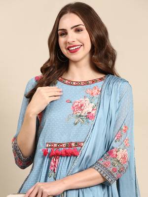 women's round neck floral blue straight kurta and trouser with dupatta 1