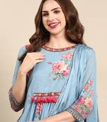 women's round neck floral blue straight kurta and trouser with dupatta