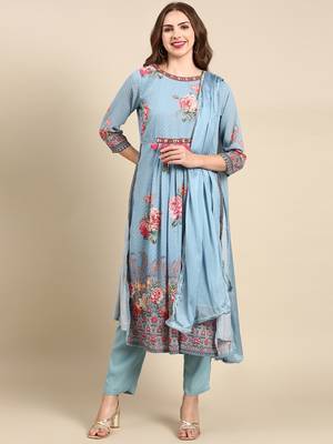 women's round neck floral blue straight kurta and trouser with dupatta 2