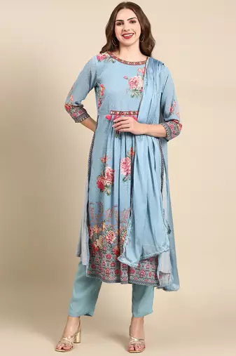women's round neck floral blue straight kurta and trouser with dupatta