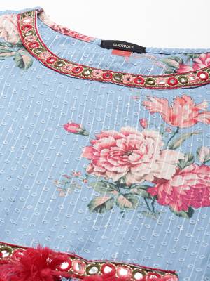 women's round neck floral blue straight kurta and trouser with dupatta 3