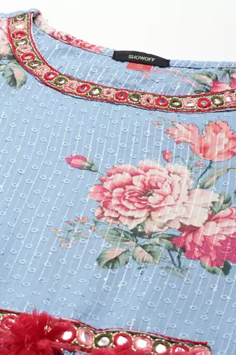 women's round neck floral blue straight kurta and trouser with dupatta
