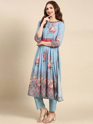 women's round neck floral blue straight kurta and trouser with dupatta 4