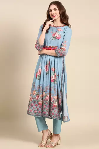 women's round neck floral blue straight kurta and trouser with dupatta