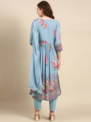 women's round neck floral blue straight kurta and trouser with dupatta 5