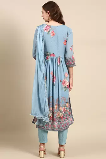 women's round neck floral blue straight kurta and trouser with dupatta