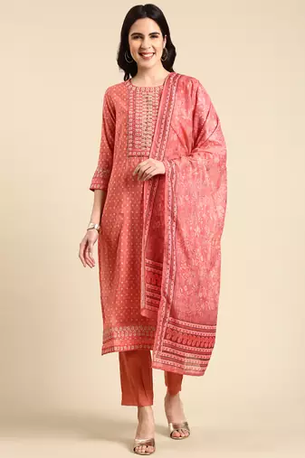 Showoff women's round neck solid screen print peach straight kurta and trouser with dupatta