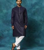 Men'S Navy And White Cotton Blend Kurta Pyjama Set