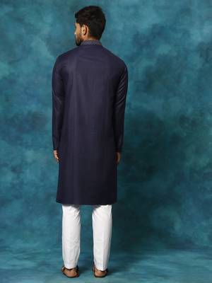Men'S Navy And White Cotton Blend Kurta Pyjama Set 3