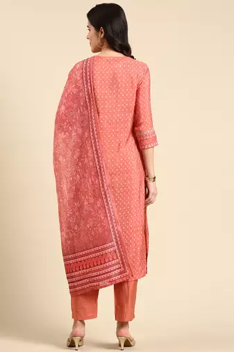 Showoff women's round neck solid screen print peach straight kurta and trouser with dupatta
