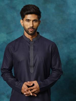 Men'S Navy And White Cotton Blend Kurta Pyjama Set 4