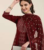 Showoff women's round neck floral maroon anarkali kurta and trouser with dupatta