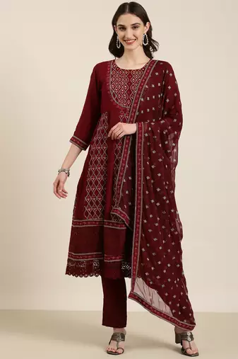 Showoff women's round neck floral maroon anarkali kurta and trouser with dupatta