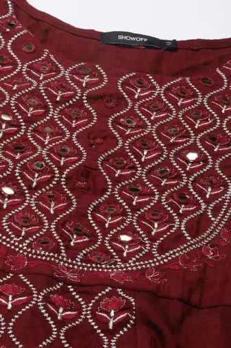 Showoff women's round neck floral maroon anarkali kurta and trouser with dupatta