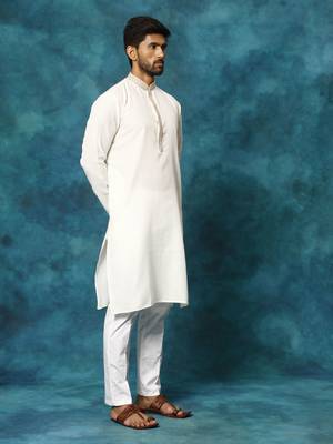 Cream And White Cotton Blend Kurta Pyjama Set 2