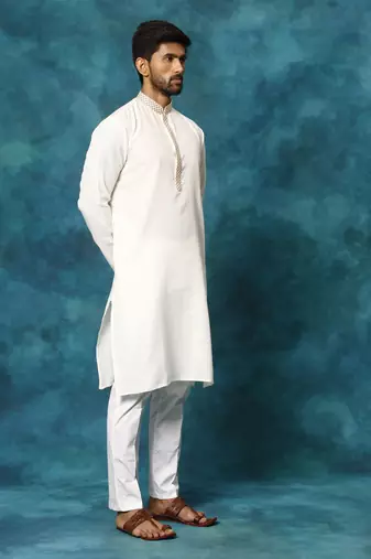 Cream And White Cotton Blend Kurta Pyjama Set