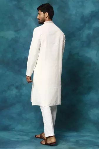 Cream And White Cotton Blend Kurta Pyjama Set
