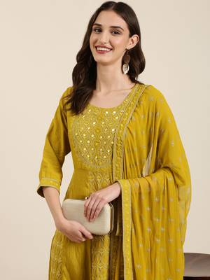 women's round neck floral lime green anarkali kurta and trouser with dupatta 1