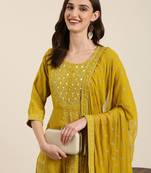 women's round neck floral lime green anarkali kurta and trouser with dupatta