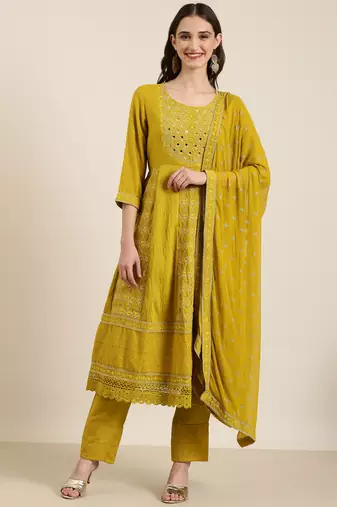 women's round neck floral lime green anarkali kurta and trouser with dupatta