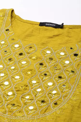 women's round neck floral lime green anarkali kurta and trouser with dupatta