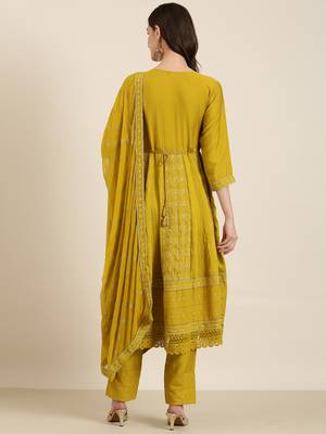 women's round neck floral lime green anarkali kurta and trouser with dupatta 4