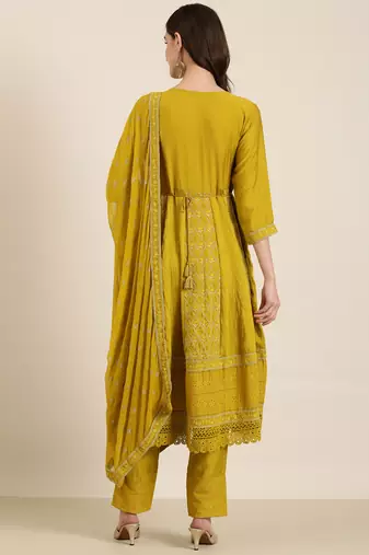 women's round neck floral lime green anarkali kurta and trouser with dupatta