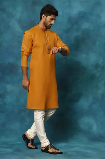 Rust And Cream Cotton Blend Kurta Pyjama Set