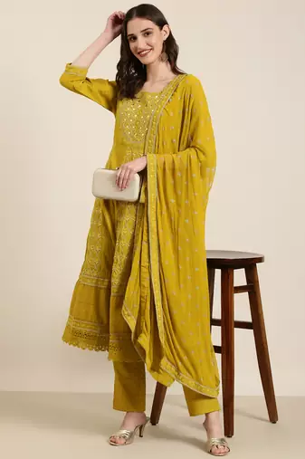 women's round neck floral lime green anarkali kurta and trouser with dupatta