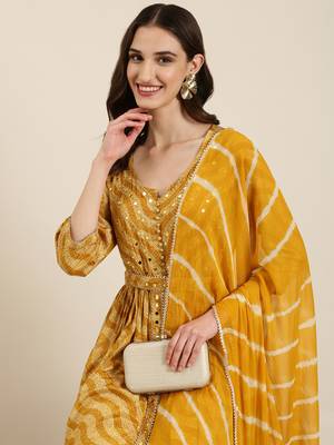 women's round neck bandhani foil print mustard anarkali kurta and trouser with dupatta 1