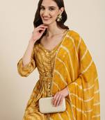 women's round neck bandhani foil print mustard anarkali kurta and trouser with dupatta