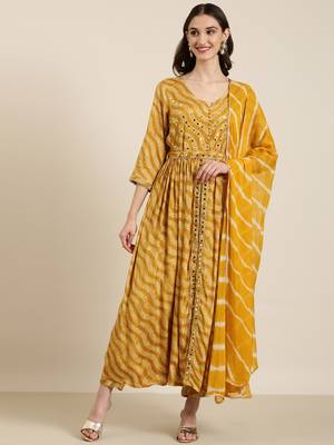 women's round neck bandhani foil print mustard anarkali kurta and trouser with dupatta 2