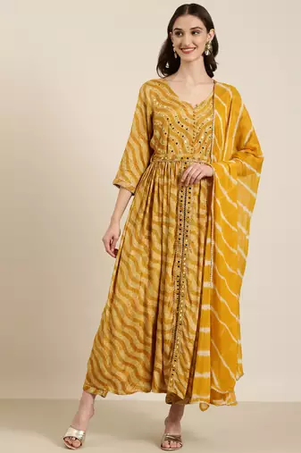 women's round neck bandhani foil print mustard anarkali kurta and trouser with dupatta