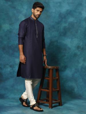 Men'S Navy And Cream Cotton Blend Kurta Pyjama Set 1