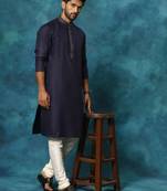 Men'S Navy And Cream Cotton Blend Kurta Pyjama Set