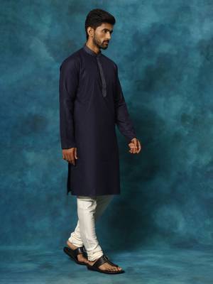 Men'S Navy And Cream Cotton Blend Kurta Pyjama Set 2