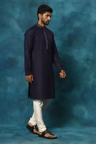 Men'S Navy And Cream Cotton Blend Kurta Pyjama Set